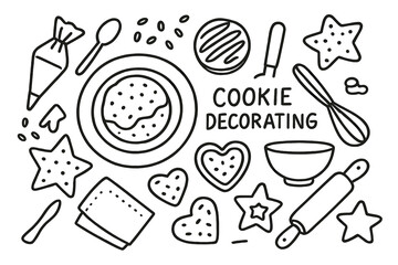 Cookie Decorating Doodles. Hand-drawn doodle illustration Cookie decorating [cookie with icing, piping bag, sprinkles, chocolate drizzle, star cookie, heart