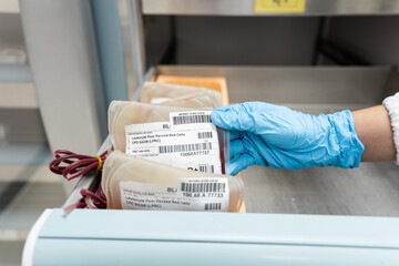 Close up scientist hand wear blue gloves holding red blood bag in storage refrigerator at blood...