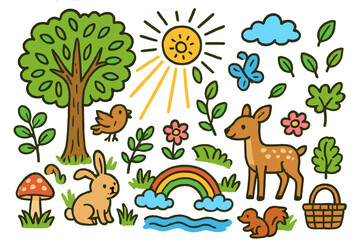 Naklejka premium Playful Nature Doodles. Colorful Hand-drawn doodle Children illustration Sunshine filtering through trees [sun rays, tall tree, leaves, grass, butterfly, bird,
