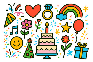 Wedding Celebration Doodles. Colorful Hand-drawn doodle Children illustration Wedding Party Fun [party popper, heart, ring, flower, balloon, cake, candle,