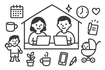 Parents Working Doodle. Hand-drawn doodle illustration Parents working from home [house, laptop, parent figure, child figure, stroller, toy block, calendar,
