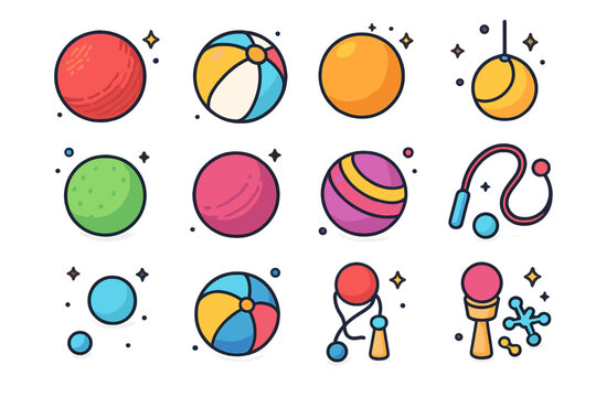 Colorful Playground Balls Icons. Colorful isometric vector icons set of playground balls: kickball, beach ball, four square ball, tetherball, foam ball, rubber