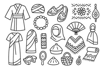 Cultural Attire Doodles. Hand-drawn doodle illustration Cultural Attire kimono, sari, turban, embroidered shoes, beaded necklace, ethnic pattern,