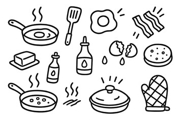 Cartoon Cooking Utensils. Hand-drawn doodle illustration Frying Pan frying pan, spatula, egg, bacon, steam lines, handle, stove, butter, oil bottle, cracked