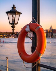 Fototapeta premium Sunset harbor with lantern and life buoy