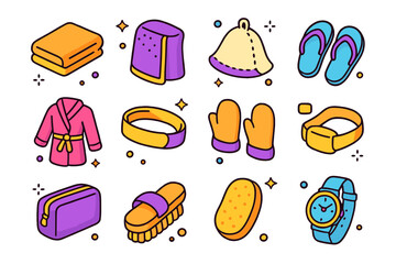 Sauna Accessories Icons. Colorful isometric vector icons set of Sauna accessories and clothing: cotton towel, sauna wrap, felt hat, flip-flops, bathrobe,