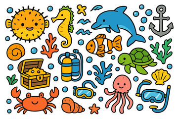 Fototapeta premium Marine Doodle Fun. Colorful Hand-drawn doodle Children illustration Marine life fun pufferfish, sea horse, dolphin, turtle, coral, sea snail, anchor,