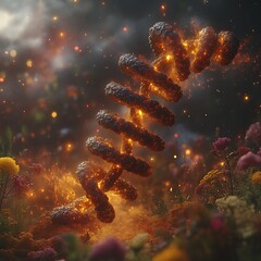 Fiery spiral amidst glowing flowers