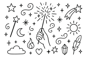 Sparkling Magic Doodles. Hand-drawn doodle illustration Sparkler Magic [sparkler, wand, star, sparkle, burst, swirl, hand, moon, sun, shooting star, flame,