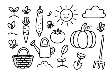 Organic Garden Doodles. Hand-drawn doodle illustration Organic vegetable patch [carrot, tomato, cucumber, pumpkin, sprout, leaf, watering can, shovel, rake,