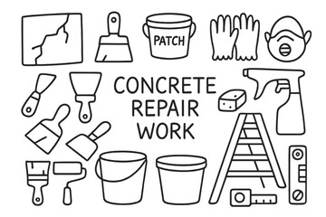 Concrete Repair Tools. Hand-drawn doodle illustration Concrete repair work [cracked wall, filler knife, patching bucket, gloves, mask, scraper, trowel, sponge,