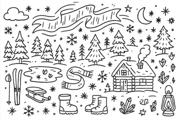 Winter Doodle Wonderland. Hand-drawn doodle illustration Winter aurora landscape snowflakes, pine trees, frozen lake, stars, moon, aurora ribbons, cabin,