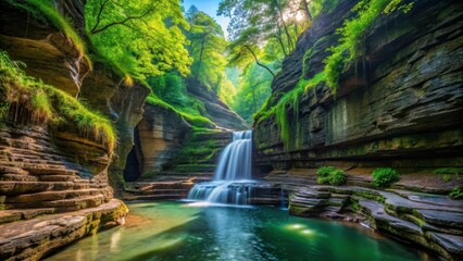 Fototapeta premium Serene Waterfall Cascading Through Lush Green Gorge, Sunlight Illuminating Mossy Stone Walls