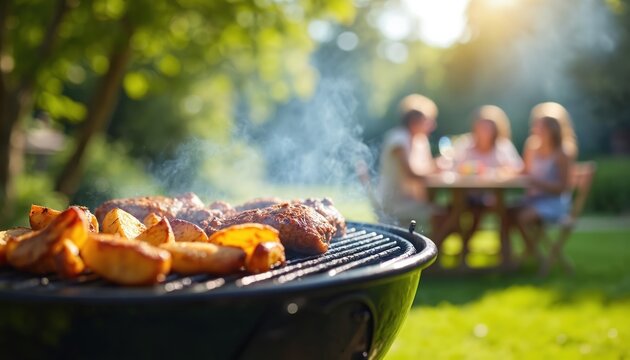 Summer barbeque with sizzling meat and potatoes on grill. Friends and family enjoy outdoor meal in garden on sunny day. Smoke rises from barbecue. People sit at table, eat, drink, smile, happy. - Powered by Adobe