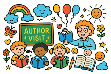 Joyful Classroom Creativity. Colorful Hand-drawn doodle Children illustration Classroom Author Visit chalkboard, author, children reading, open book, pen,