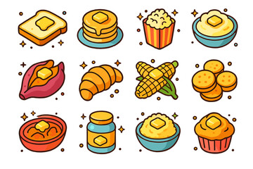 Butter-Themed Food Icons. Colorful isometric vector icons set of butter-themed foods: buttered toast, pancakes with butter, popcorn with butter, mashed