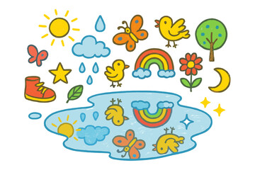 Whimsical Puddle Reflection. Reflection in a puddle. Colorful Hand-drawn doodle Children illustration puddle, water droplet, cloud, sun, rainbow, tree, flower,