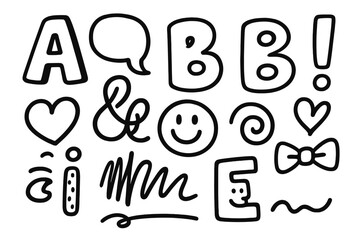 Playful Typography Doodles. Hand-drawn doodle illustration Playful Typography bold letter A, bubble font, comic letter B, exclamation mark, speech curl, curly