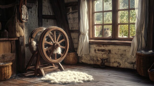 Rustic Spinning Wheel and Wool in an Old-Fashioned Cottage Interior Creating a Nostalgic Scene