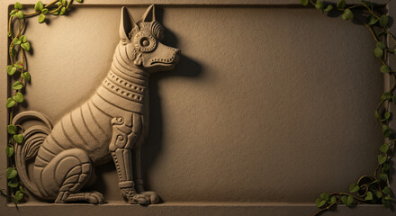 Xoloitzcuintli dog sculpture with decorative vines in ancient style  