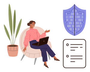 Woman working on laptop in cozy chair, flanked by shield with binary code and checklist. Ideal for online security, productivity, technology, data privacy, education, remote work compliance. Modern