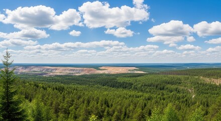 Obraz premium Expansive Forest Landscape with Open Pit Mine Under a Cloudy Sky.