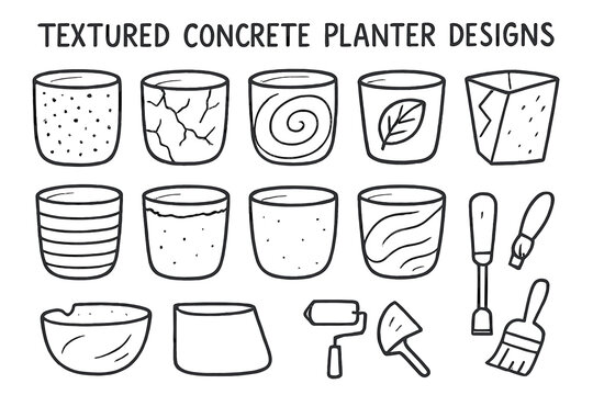 Concrete Planter Illustrations. Hand-drawn doodle illustration [Textured concrete planter designs] [speckled surface, cracked texture, spiral groove, leaf