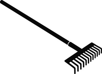 Black garden rake silhouette isolated on white background, farming hand tool illustration for agriculture, landscaping, lawn care, outdoor yard maintenance.