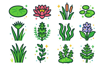 Aquatic Plant Icons. Colorful isometric vector icons set of aquatic and water plants: water lily pad, lotus flower, cattail reed, duckweed float, papyrus