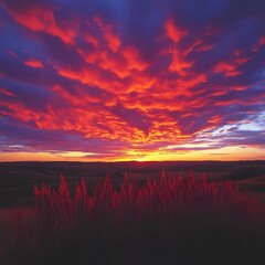 Fiery sunset over a field