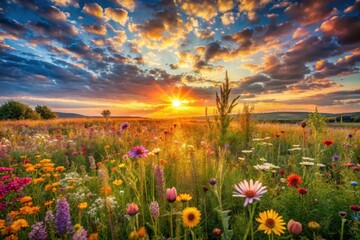 Fototapeta premium Serene Sunset Illuminates Vibrant Wildflower Meadow, A Tapestry of Blossoms Bathed in Golden Hour Light