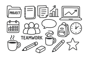 Teamwork Essentials Doodle. Hand-drawn doodle illustration project teamwork folder, notebook, paper sheets, chart, graph, laptop, calendar, clock, backpack,