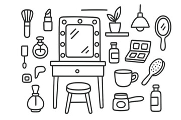 Vanity Mirror Doodle. Hand-drawn doodle illustration Vanity mirror setup [mirror with lights, stool, makeup brush, lipstick, perfume bottle, drawer, mirror