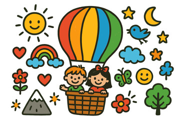 Fototapeta premium Whimsical Balloon Adventure. Colorful Hand-drawn doodle Children illustration Hot Air Balloon Ride [hot air balloon, basket, sun, cloud, rainbow, bird, star,