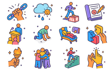 Fototapeta premium Overcoming Challenges Icons. Colorful isometric vector icons set of overcoming challenges: breaking chains, storm cloud clearing, stepping over fear block,