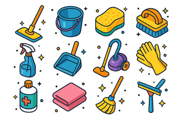 Colorful Cleaning Icons. Cleaning. Colorful isometric vector icons set of cleaning: mop, bucket, sponge, scrub brush, spray bottle, dustpan, vacuum cleaner,