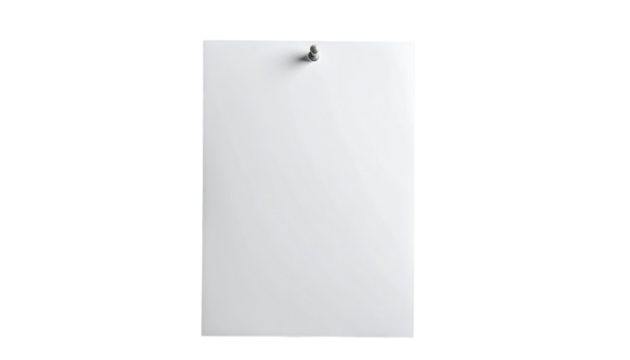 Blank white sheet of paper, rectangular shape, affixed to a surface with a small metal pin