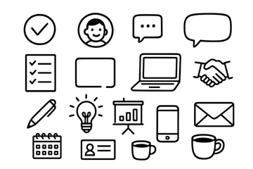 Fototapeta premium Entrepreneur Toolkit Icons. Hand-drawn doodle illustration Entrepreneur personal branding tools [logo mark, profile photo, social media icon, speech bubble,