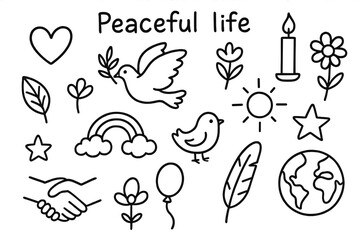 Fototapeta premium Symbols of Peace. Hand-drawn doodle illustration Peaceful life Heart, dove, olive branch, candle, flower, leaf, rainbow, cloud, sun, star, bird, balloon,