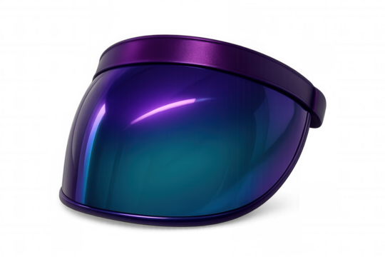 Cyberpunk style iridescent visor displaying neon light reflections on transparent background