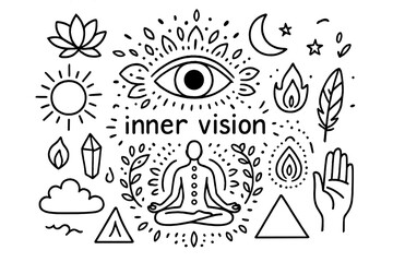 Fototapeta premium Inner Vision Doodle. Hand-drawn doodle illustration [Inner vision] [eye, lotus flower, meditation pose, chakra, mandala, sun, moon, stars, crystal, flame,