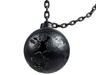 A heavy, dark gray metal sphere, riddled with cracks, hangs suspended by a chain
