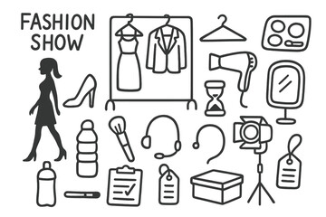 Fashion Show Backstage Essentials. Hand-drawn doodle illustration Fashion show backstage clothes rack, high heels, hanger, makeup palette, hair dryer, mirror,