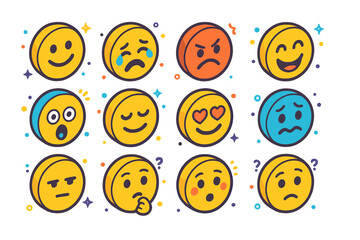Fototapeta premium Colorful Emotion Icons. Emotions. Colorful isometric vector icons set of emotions: smiling face, crying face, angry face, laughing face, shocked face, relaxed