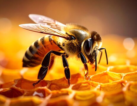 Honeybee on honeycomb close-up