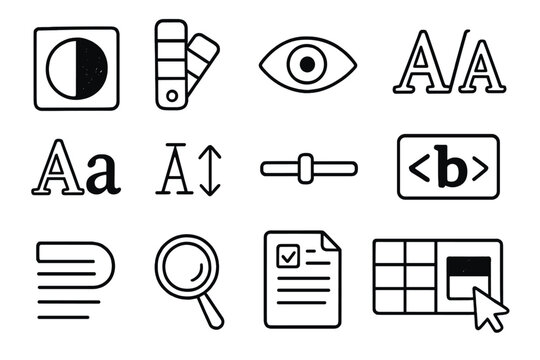 Typography Accessibility Icons. Hand-drawn doodle illustration Contrast and accessibility in typography high contrast icon, color palette, eye icon, A/A icon,