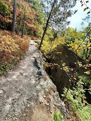 Breathtaking, challenging walk hike. Catskills North South Lake campgrounds escarpment blue trail to Kaaterskill falls. Stunning vista mountain peak view. Artist's rock, boulder, inspiration point