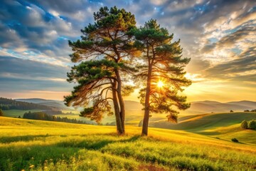 Obraz premium Golden Hour Serenity Twin Pines Silhouetted Against a Vibrant Sunset Over Rolling Hills and a Field of Blossoming Flowers