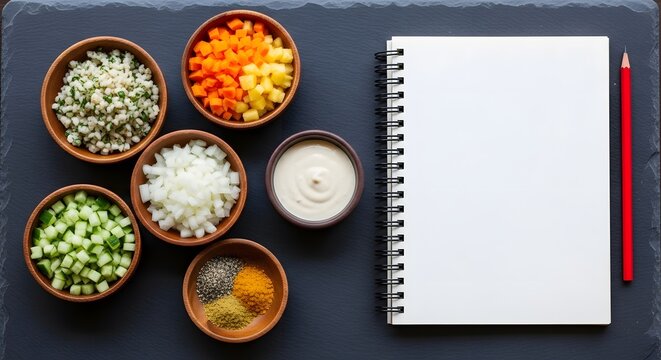 Meal plans overhead view of chopped vegetables and spices in bowls next to a blank notebook and red pencil on a dark slate