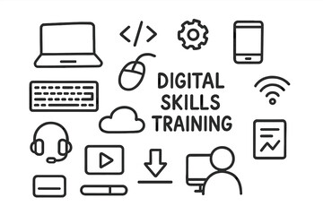 Digital Skills Icons. Hand-drawn doodle illustration digital skills training laptop, mouse, keyboard, code symbol, gear, smartphone, cloud, video play icon,